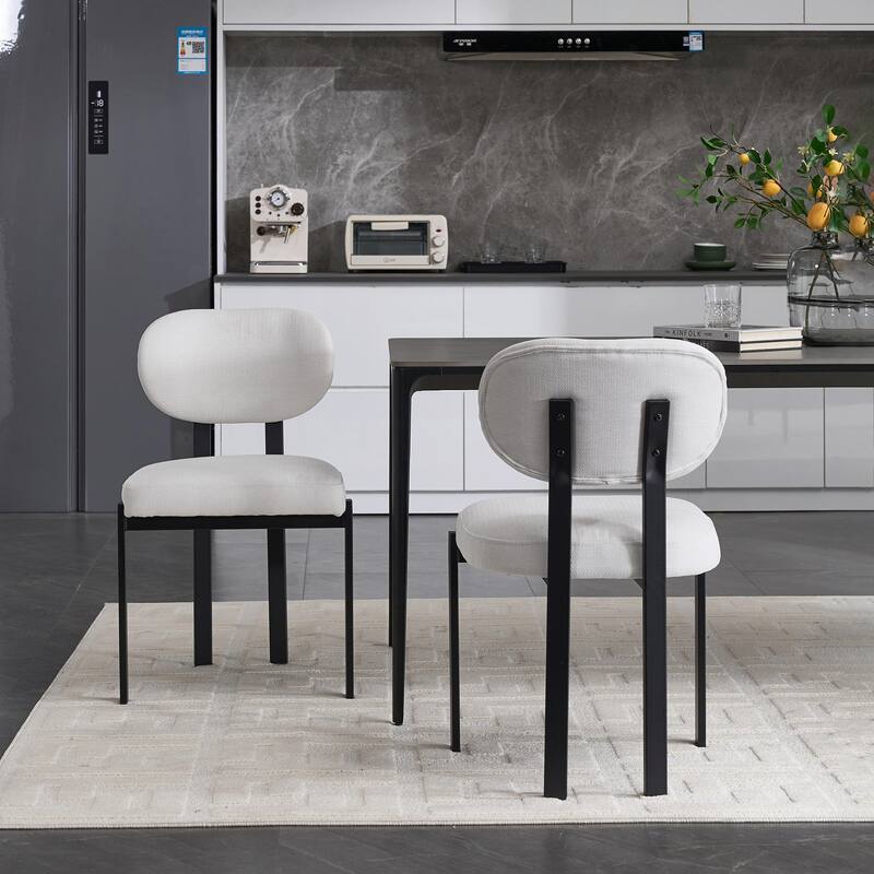Mid-Century Upholstered Boucle Kitchen Dining Chairs with Black Metal Legs，Set of 2