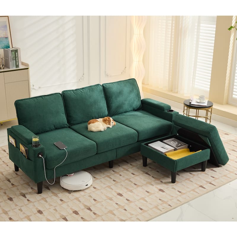L-Shaped Fabric Sectional Sofa with Storage Ottoman and USB Port