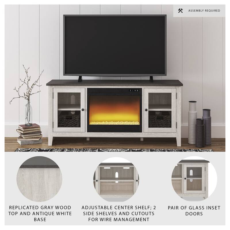 Signature Design by Ashley Dorrinson White/Gray 60" TV Stand for TVs up to 69" with Electric Fireplace - 60"W x 17.5"D x 27.75"H