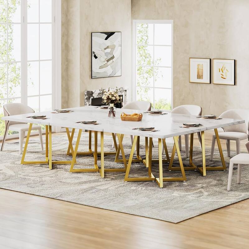 31.5 Inches Industrial Square Dinner Table with Metal Base - 6 PCS - White & Gold