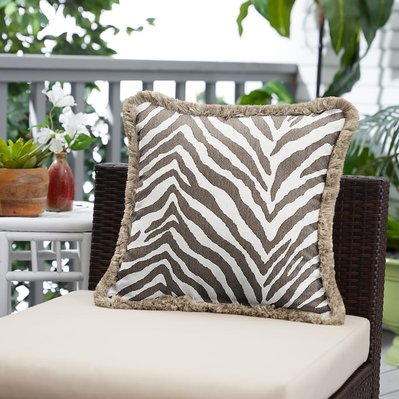 Sunbrella Namibia Grey and Taupe Fringe Indoor/ Outdoor Pillow - 18 in x 18 in