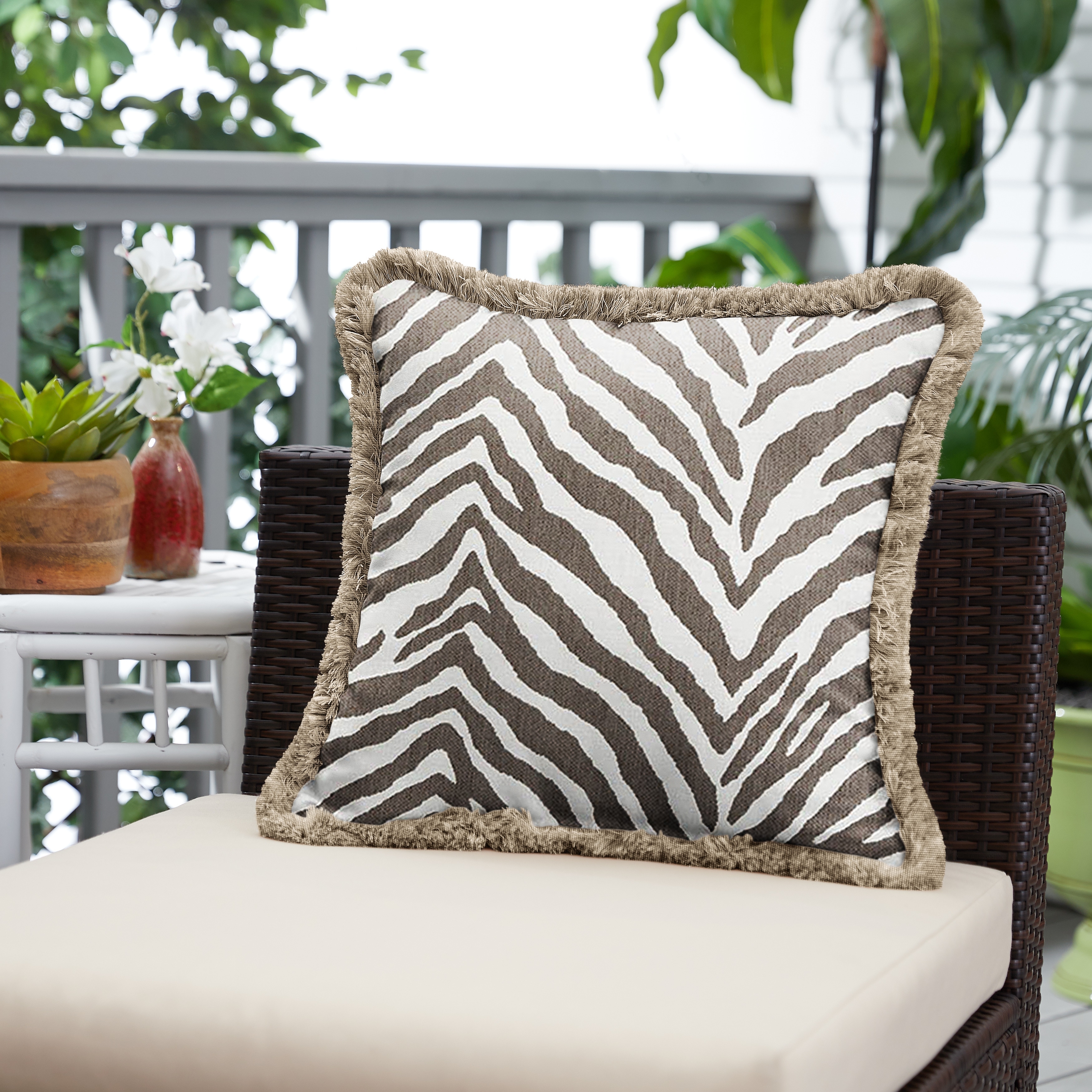 Sunbrella Namibia Grey and Taupe Fringe Indoor/ Outdoor Pillow - 18 in x 18 in