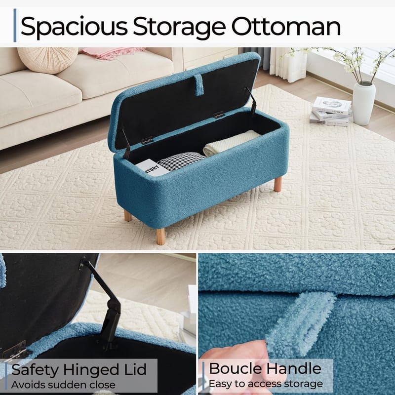 39.5" Off White Boucle Storage Ottoman Bench Sherpa Storage Bench Ottoman Foot Rest End of Bed for Living Room Bedroom,Wood Leg