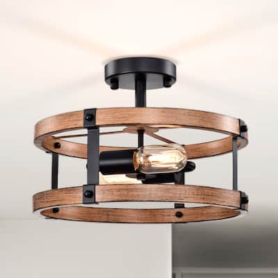 Deyan 14 Inch Drum Shape Imitation Wood Semi Flush Mount 2-Light
