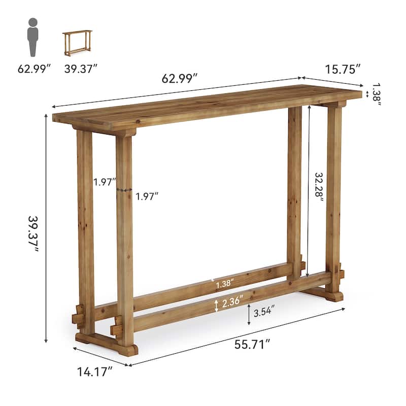 63" Long Bar Table, Narrow Rectangular Pub Table with Footrest