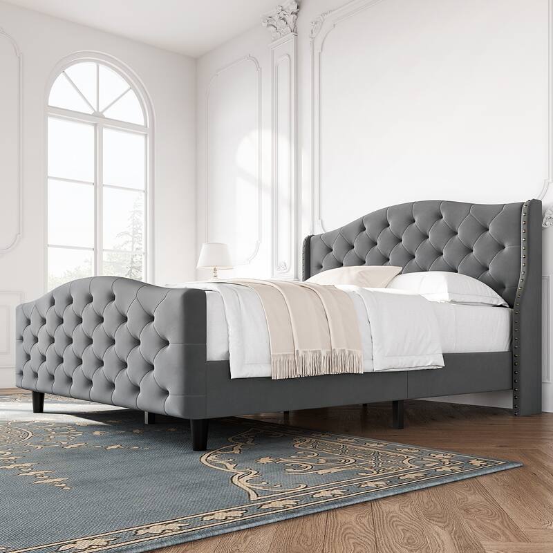 Elam Grey Tufted Upholstered Platform Bed Frame with Headboard and Footboard - Queen