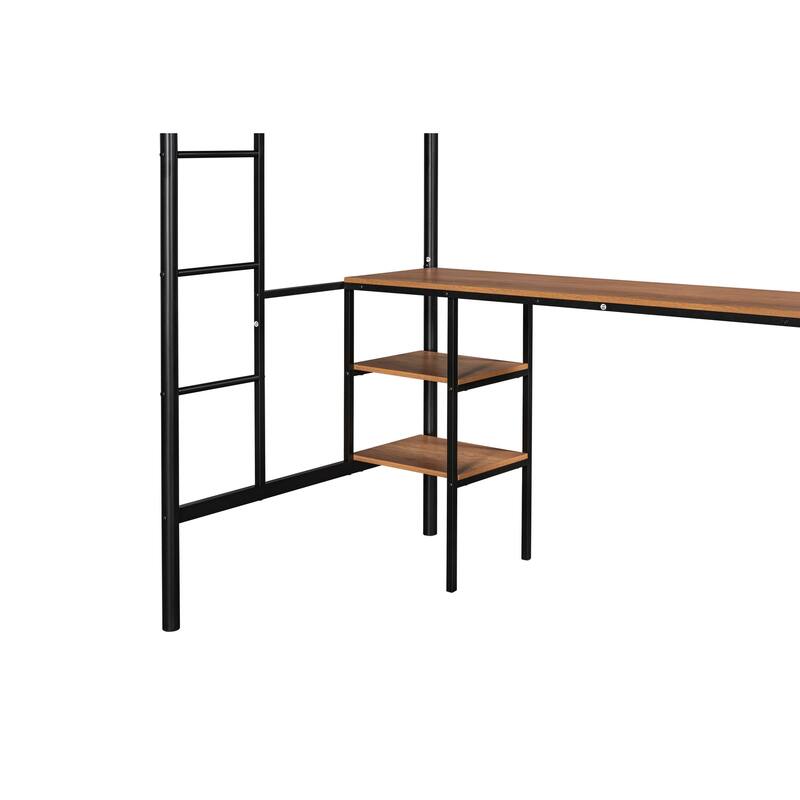 Twin Loft Bed with Built-in Table, Shelves, and Noise-Reducing Features, Heavy-duty Metal Frame, Safety Guardrail, Dual Ladders