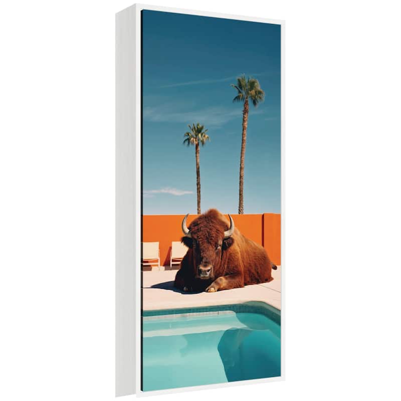 Kate and Laurel Sylvie Bison Chilling by the Pool in California Framed Canvas by Michael Schauer - 18x40 - White