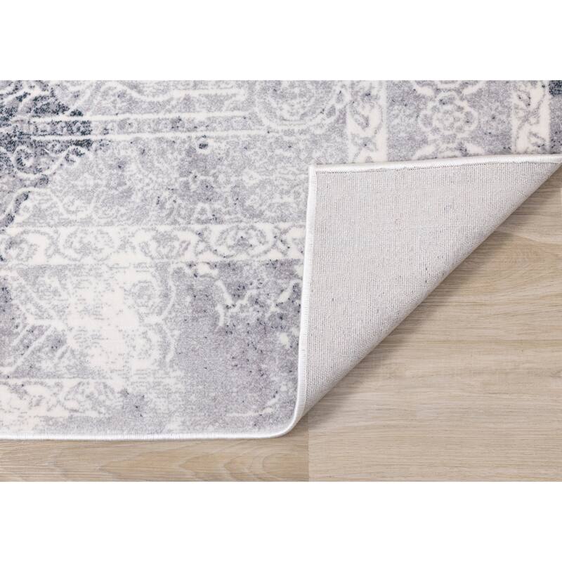Sheffield Collection - Blue/Grey/Cream Distressed Border Rug