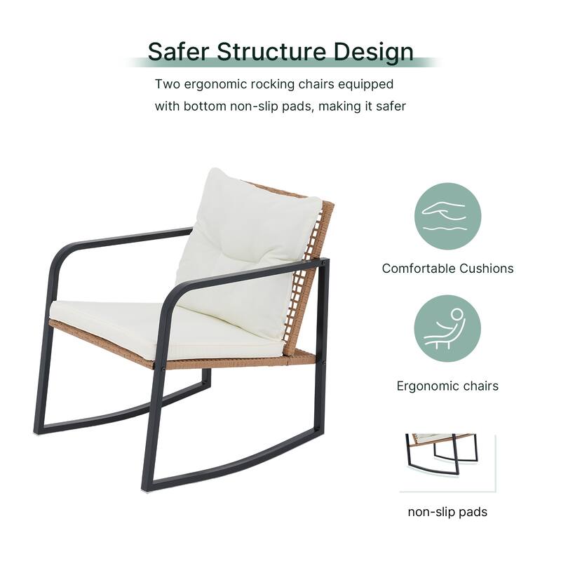 Patio 3-Piece Steel Frame Wicker Rocking Chair Outdoor Bistro Set with White Cushion & Coffee Table for Porch, Balcony