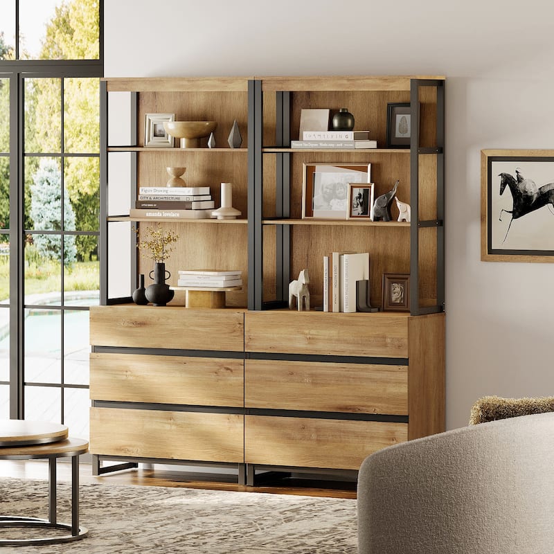 WAMPAT Modern 72" Tall Bookcase with Drawers and Open Book Shelfs, Library Book Shelf for Home Office, Living Room