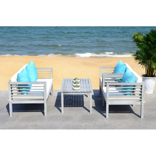 SAFAVIEH Outdoor Living Alda Grey Wash/White/Light Blue 4 Pc Set With Accent Pillows