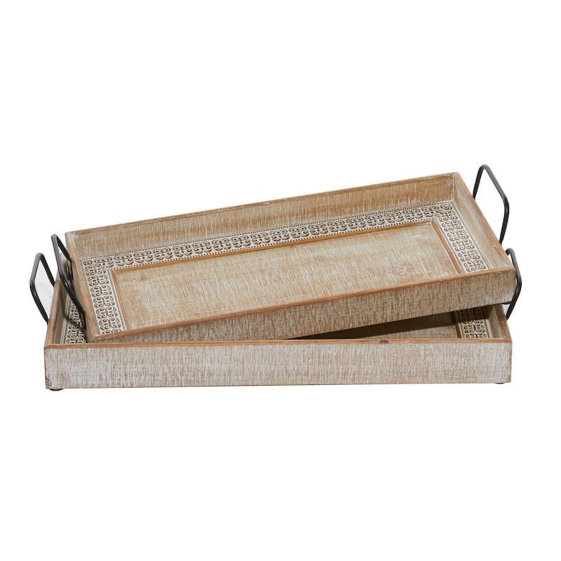 Wood Tray with White Wash - Set of 2 Brown - Roche River Decor