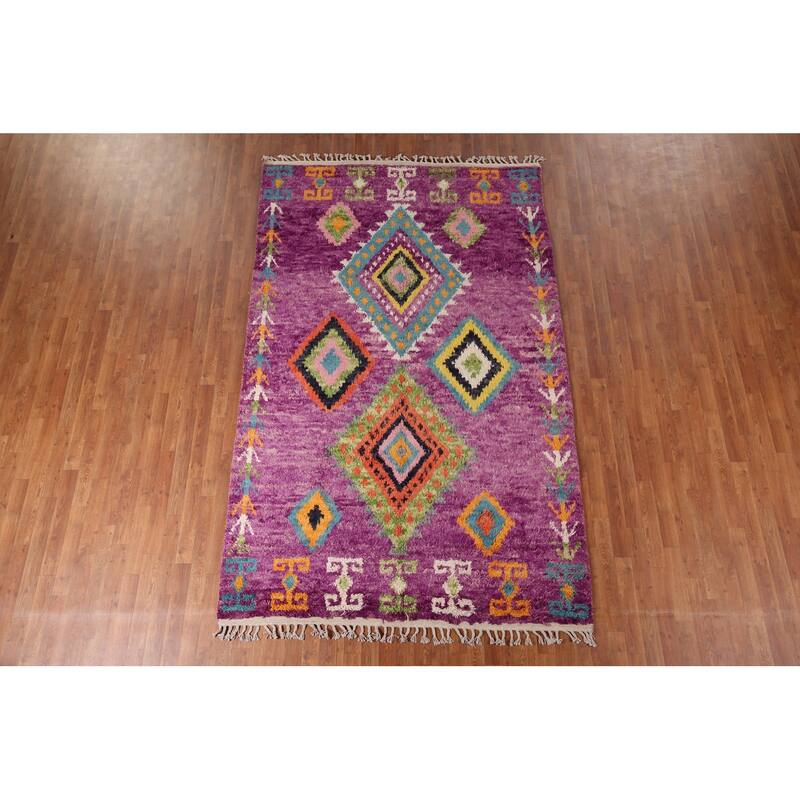 Purple Geometric Plush Moroccan Area Rug Hand-Knotted Wool Carpet - 6'0" x 9'7"
