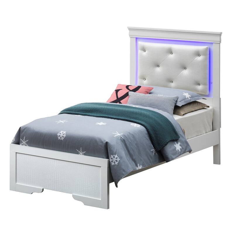 Champagne Twin Bed with Jeweled Tufted Headboard & Accent Lighting - Bedroom Furniture