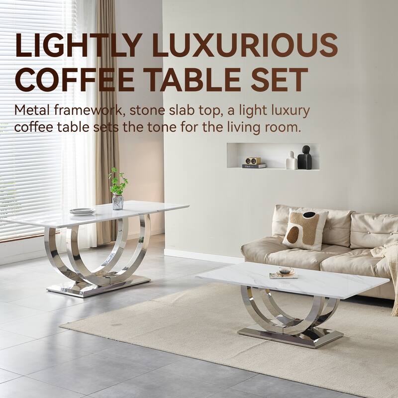 50.4 Inch Modern Rectangular Coffee Table,Marble Pattern MDF Top, Silver Stainless Steel Base.