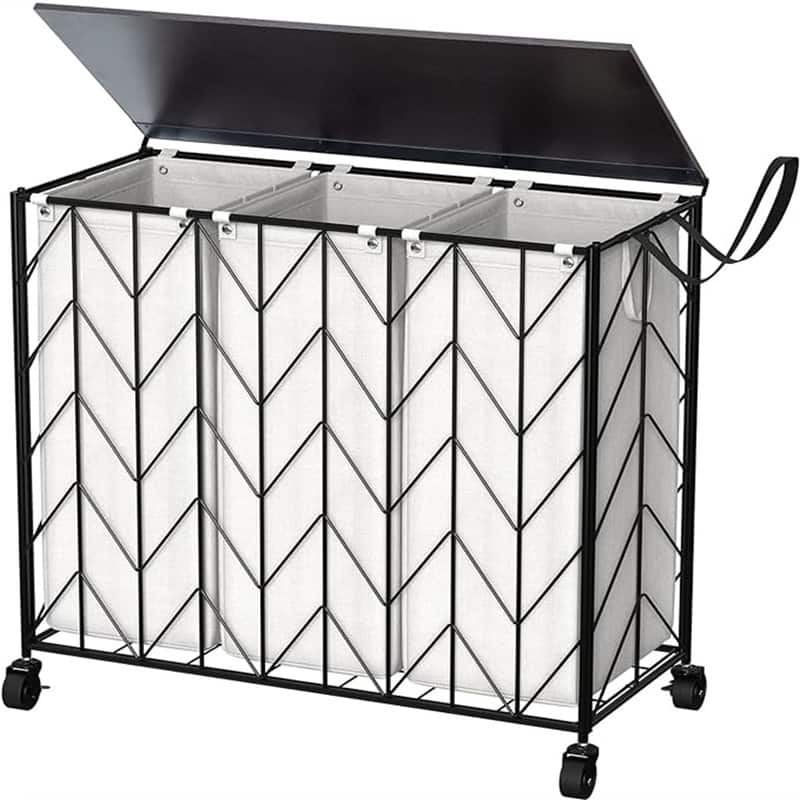 Laundry Basket with Wheels, 142L Laundry Hamper 3 Section with Lid - 28.35"L x 13"W x 26.4"H - Beige