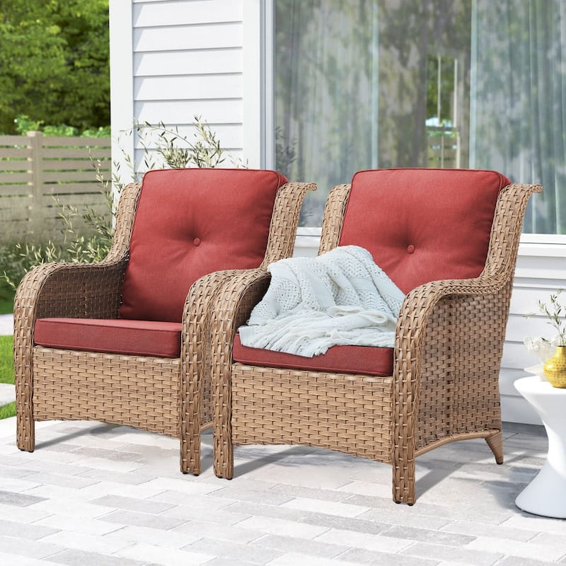 Gymojoy Wicker Patio Club Chairs with Olefin Weather-Resistant Cushions - 2-Piece - Yellow Wicker / Red Cusion