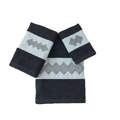 Marina Decoration Decor Soft 100% Cotton Bathroom Modern 3 Piece Embroidered Towel Set, Modern Square Pattern