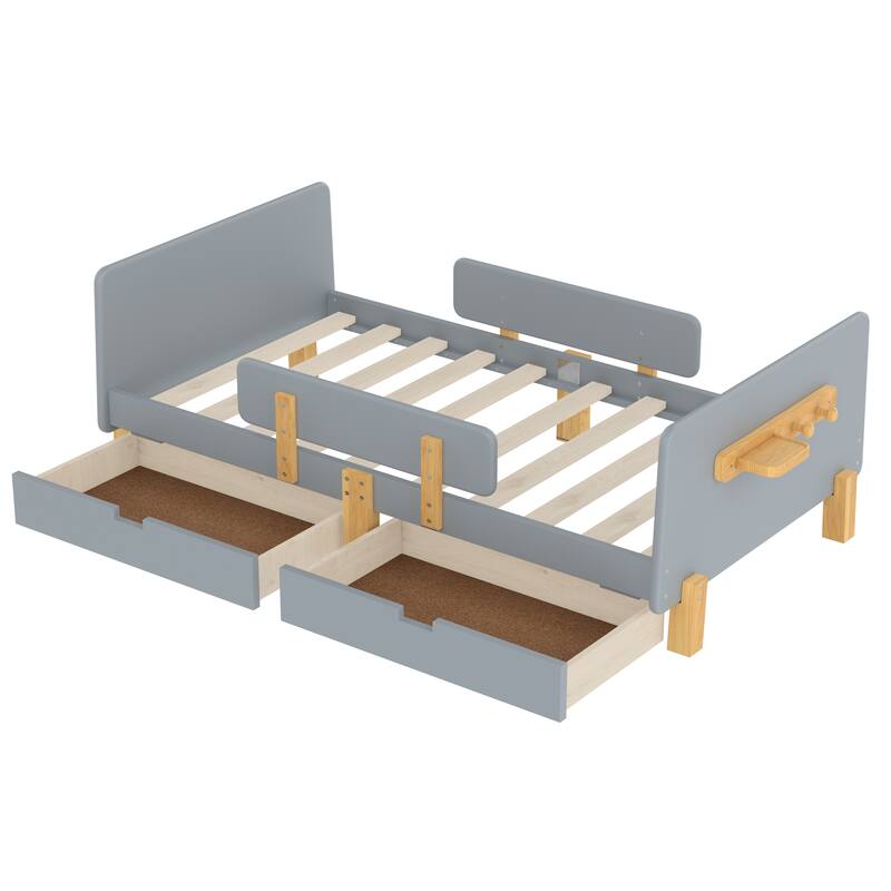 Full/Twin Platform Bed with Storage Drawers, Guardrail & Hooks