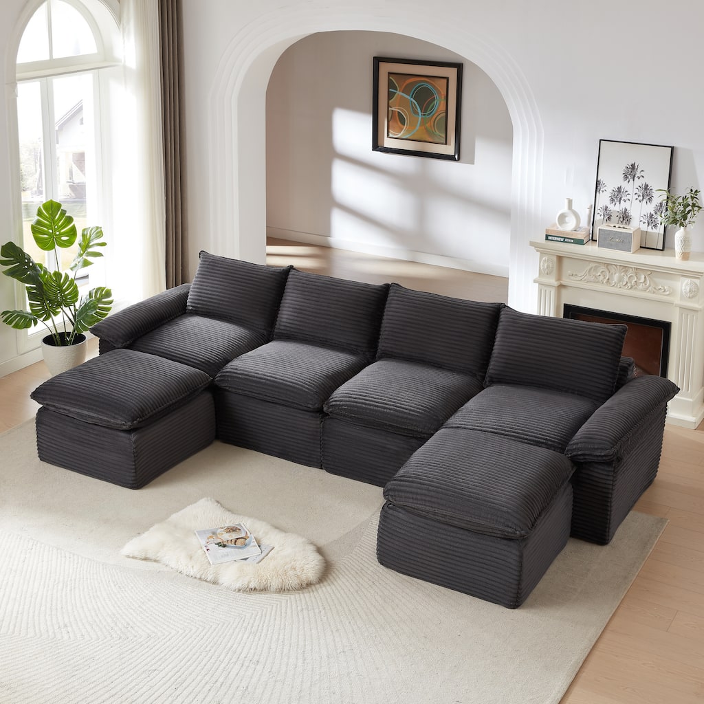 U-Shaped Sectional Sofa with 2 Ottomans, Oversized Corduroy Upholstered Cloud Sofa, Corner 6 Seater Sofa with Pillows