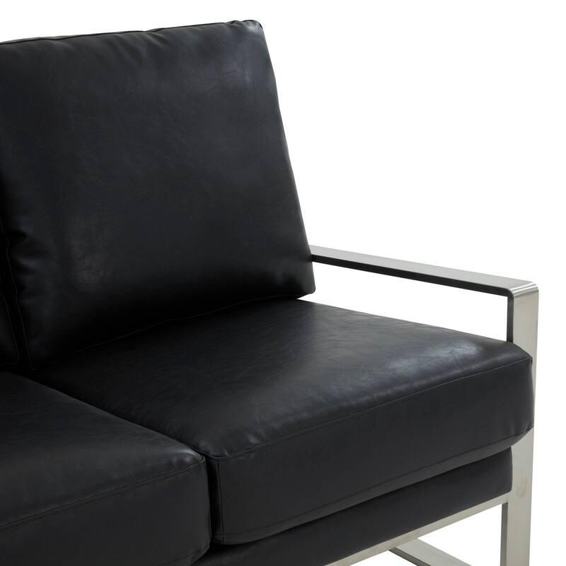 Jefferson Modern Leather Loveseat with Brushed Silver Stainless Steel Base, Removable Cushions, Sinuous Springs, Fully Assembled
