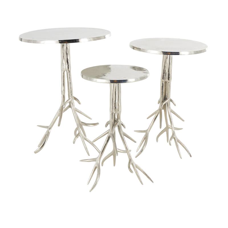 Gold or Silver Aluminum Metal Tree Side End Accent Table with Branch Inspired Bases (Set of 3)