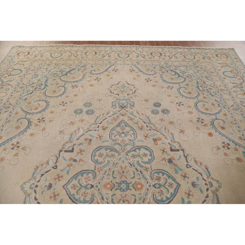 Hand Knotted Oriental 100% Wool Carpet Traditional Floral Beige & Ivories Tabriz Area Rug - 12' 7'' X 9' 5''