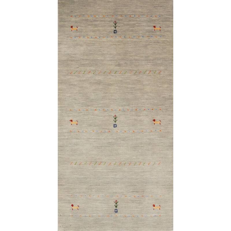 Hand Knotted Oriental 100% Wool Carpet Tribal Animal Pictorial Beige & Ivories Gabbeh Runner Rug - 4' 8'' X 2' 4''