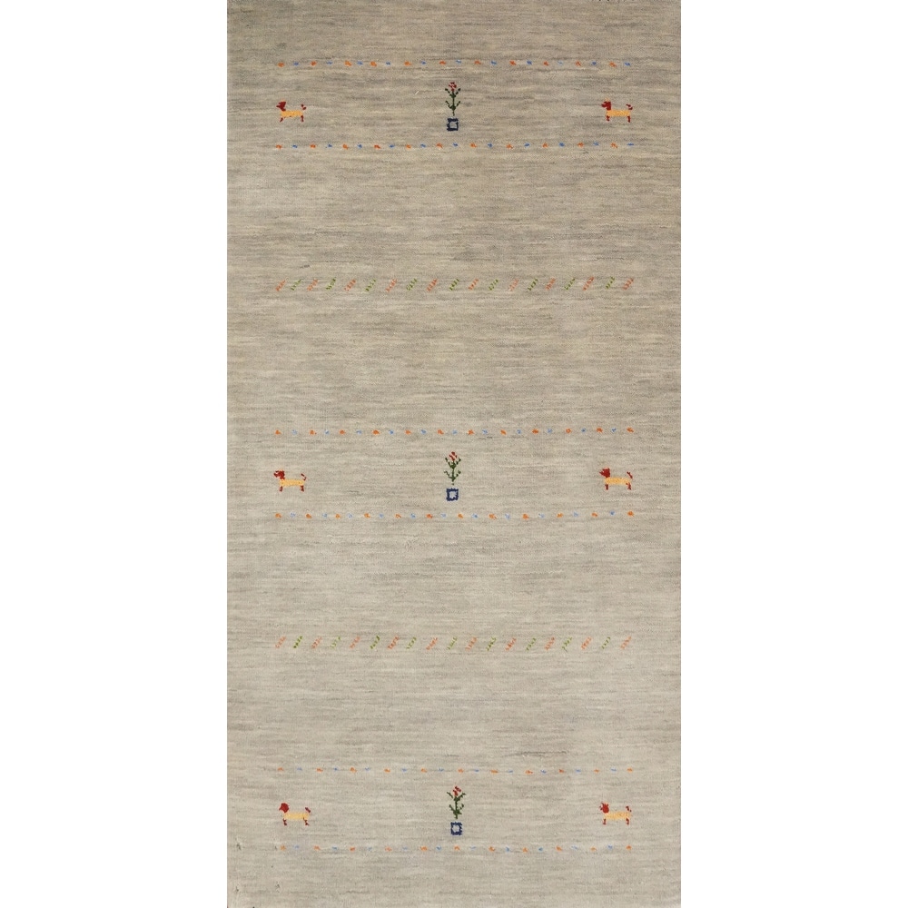 Hand Knotted Oriental 100% Wool Carpet Tribal Animal Pictorial Beige & Ivories Gabbeh Runner Rug - 4' 8'' X 2' 4''
