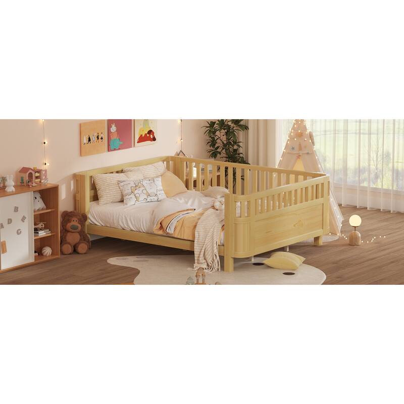 Roomfitters Queen Platform Bed, Low Profile Slatted Daybed with Wooden Frame and Removable Guardrails for Bedrooms