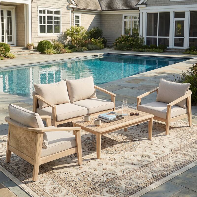 Christopher Knight Home - Hartford 4-Piece Outdoor Acacia Wood Patio Seating Set with Wicker Back and Cushions