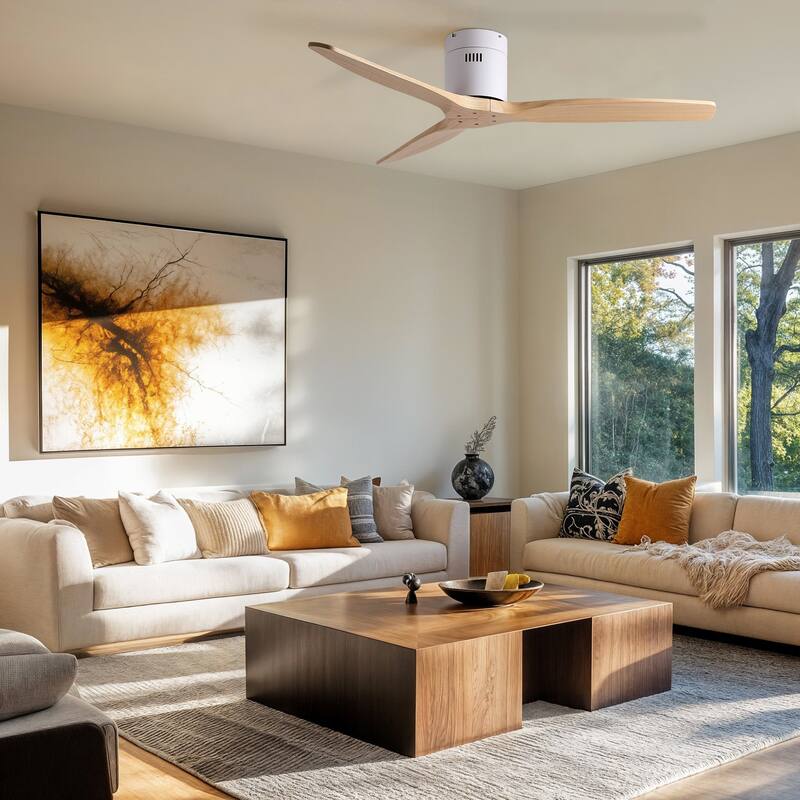 52"Mordern Rustic Elegance Solid Wood Blades Low Profile Flush Mount Ceiling Fan without Light