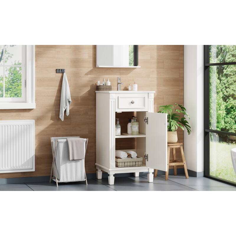 Roomfitters 18 Inch Bathroom Vanity with Ceramic Sink, Freestanding French Style Storage Cabinet & Adjustable Shelf