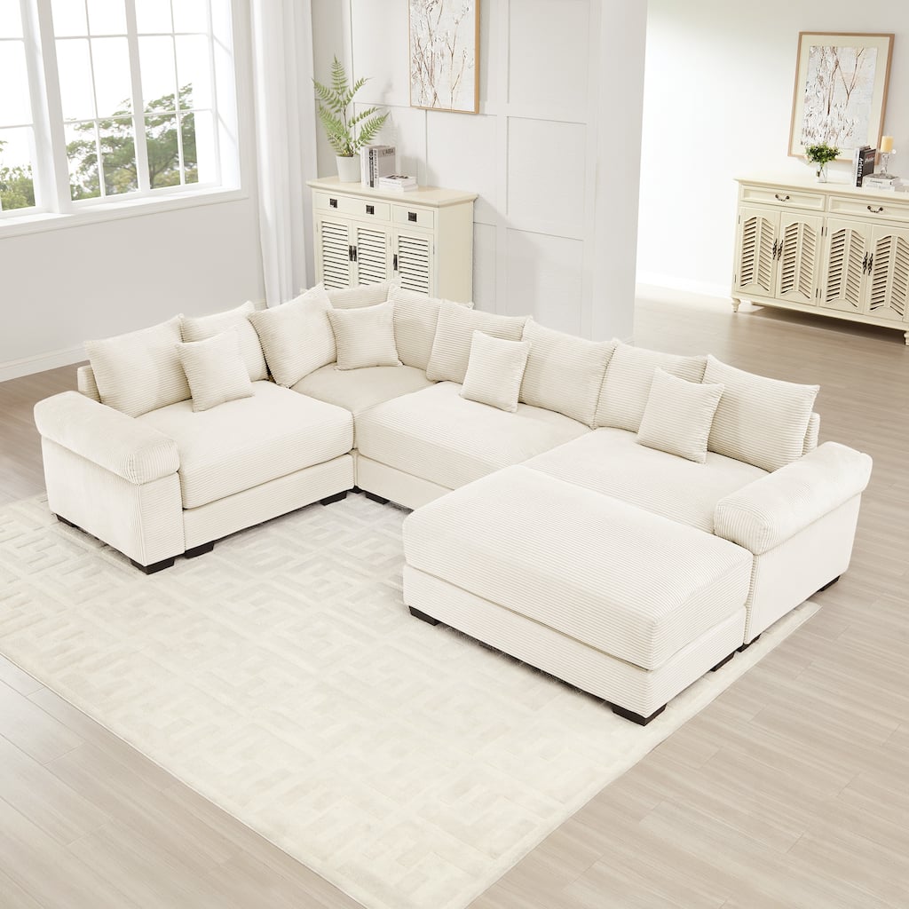 GDFStudio - Corduroy 5-Seater 116.9" Cloud Modular Sectional Couch with Ottoman