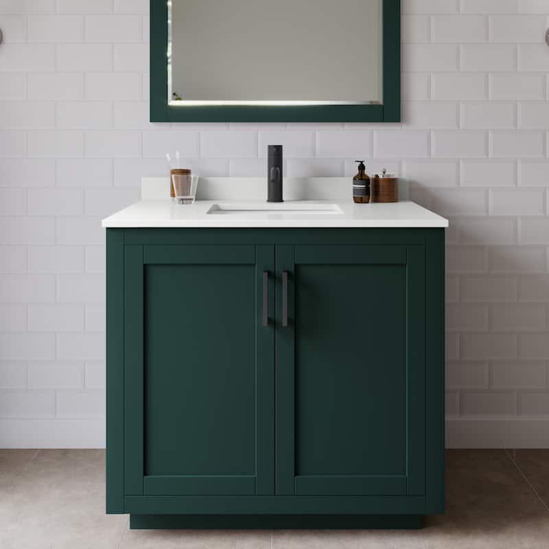 Wyndham Collection WCF292936S-QTZ-UNSMXX Miranda 36" Free Standing - Green / White Quartz Top / Matte Black Hardware