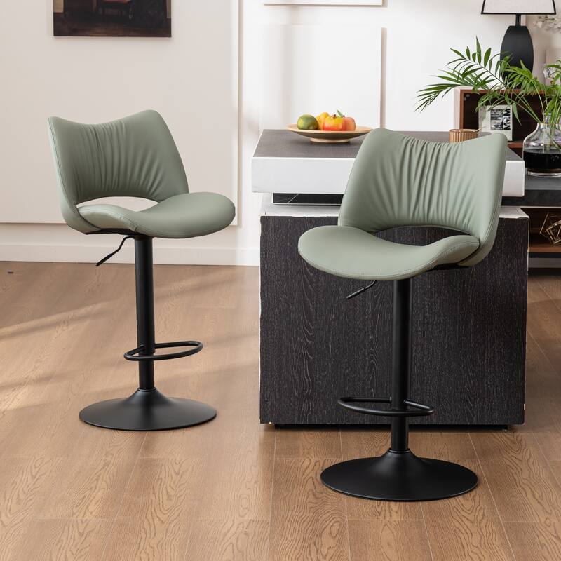 Faux Leather Upholstered Bar stools Set of 2 with Metal Footrest - Olive Green