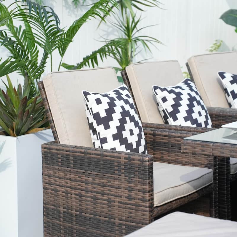 7-piece Outdoor Wicker Patio Dining Set with 6 Chairs and Aluminum Table Top Fire Pit Table