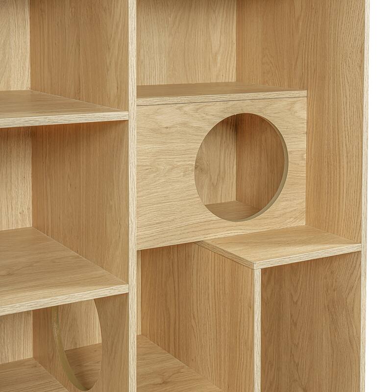 Modern 2-in-1 Cat Tree & Bookshelf - Wood Cat House with Litter Box Enclosure, Display Case & Storage