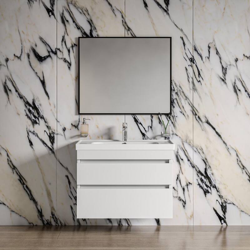 Modern Wall-Mounted Bathroom Vanity with Washbasin Niagara White High Gloss Non-Toxic MDF-24"-Omega 40"