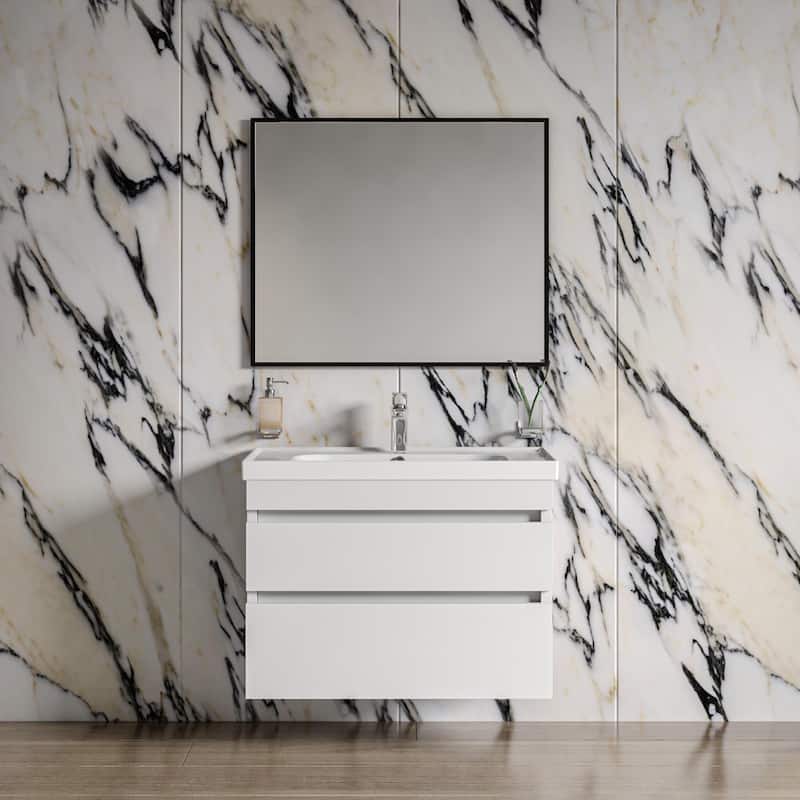 Modern Wall-Mounted Bathroom Vanity with Washbasin Niagara White High Gloss Non-Toxic MDF-24"-Simple 32"