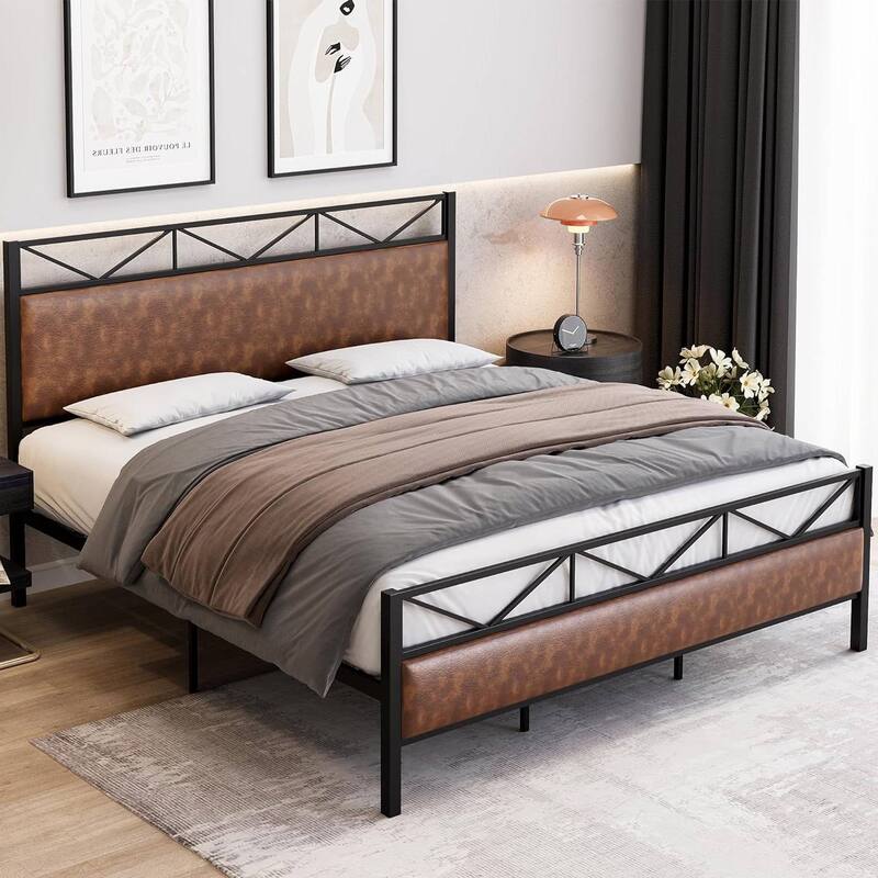 Rustic Metal Platform Bed Frame with Headboard