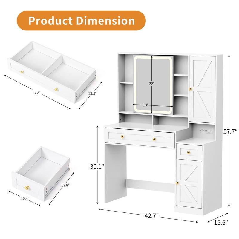 Modern White 3-Drawer Vanity Set with Sliding LED Mirror, Charging Station & 3-Color Lighting