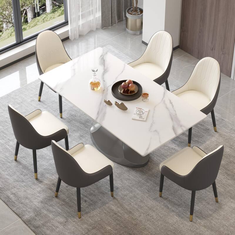 Rectangular Dining Table, Faux Marble Kitchen Dining Table with Grey Pedestal. - White - 70.87"