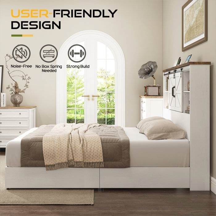 Farmhouse Platform Bed with Storage Drawers Shelves and Built In USB Charging Port Available
