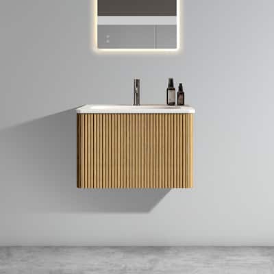 24"Striped Natural Oak Bathroom Vanity with White Ceramic Sink,Wall Mounted Floating Bathroom Vanity for Modern Bathroom