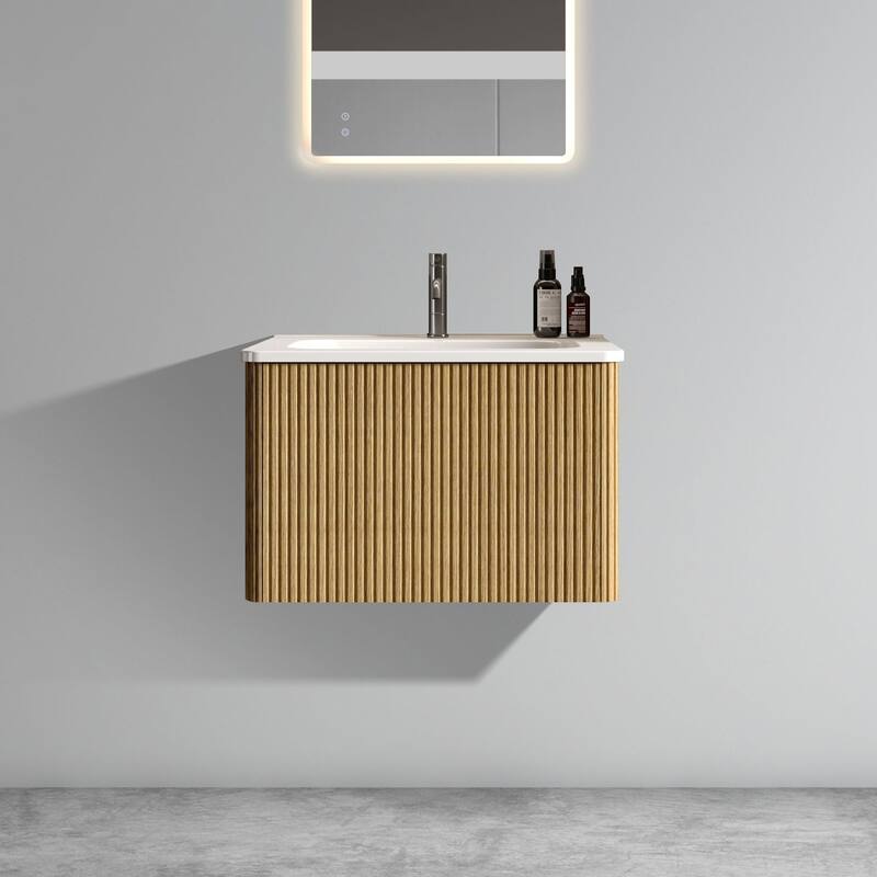 24 Inch Striped Walnut Bathroom Vanity with White Ceramic Sink,Wall Mounted Floating Bathroom Vanity for Modern Bathroom - White+Oak1