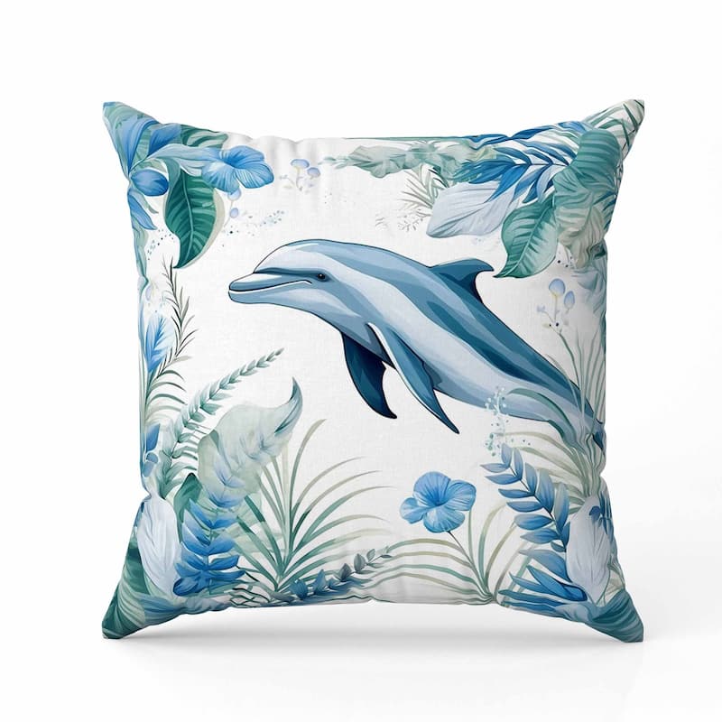 Dolphin Haven Indoor/Outdoor Reversible Throw Pillow Blue and Turquoise