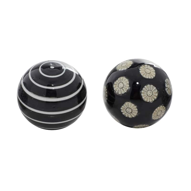 Black or Blue Ceramic Handmade Glossy Decorative Ball Orbs & Vase Filler with Varying Patterns (Set of 6)