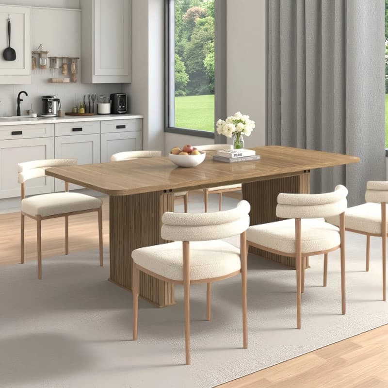 Rounded stripes Extendable Dining Table for 6-10 People, Wood Table with Double Robust Pedestal, Conference Meeting Table